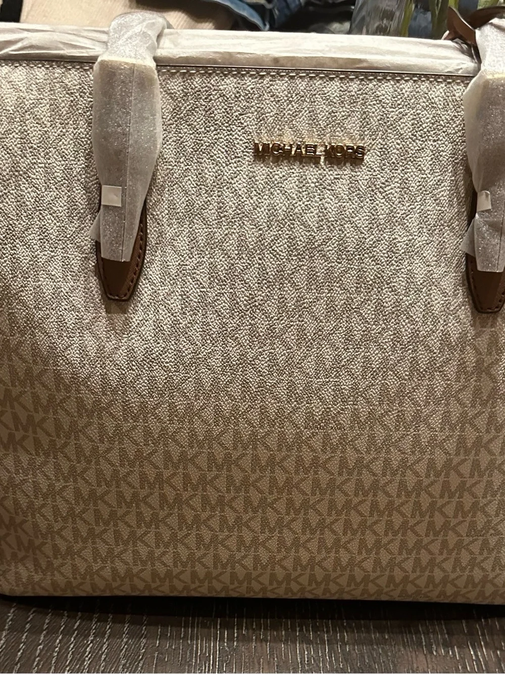 Michael Kors Cream Beige MK Logo Tote with Gold Hardware